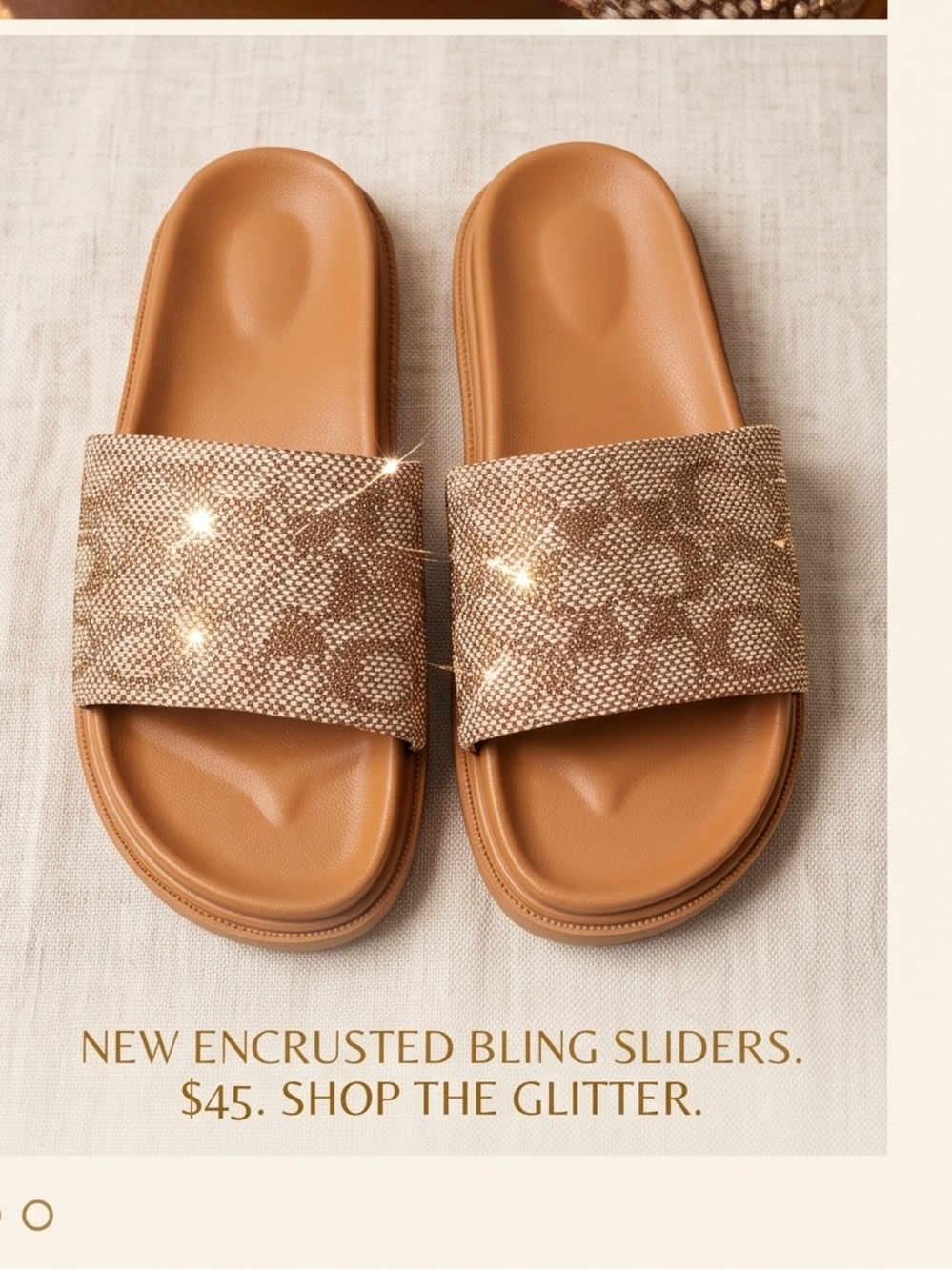 New 7 to 71/2 Women’s Tan glitter Patterned Slider Sandals